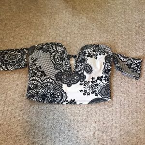 black & white cropped open shoulder cropped shirt